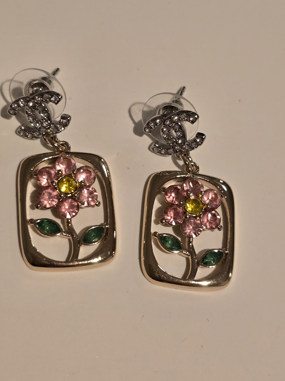 Chanel- Crystal Floral Drop Earrings - Pink & Green